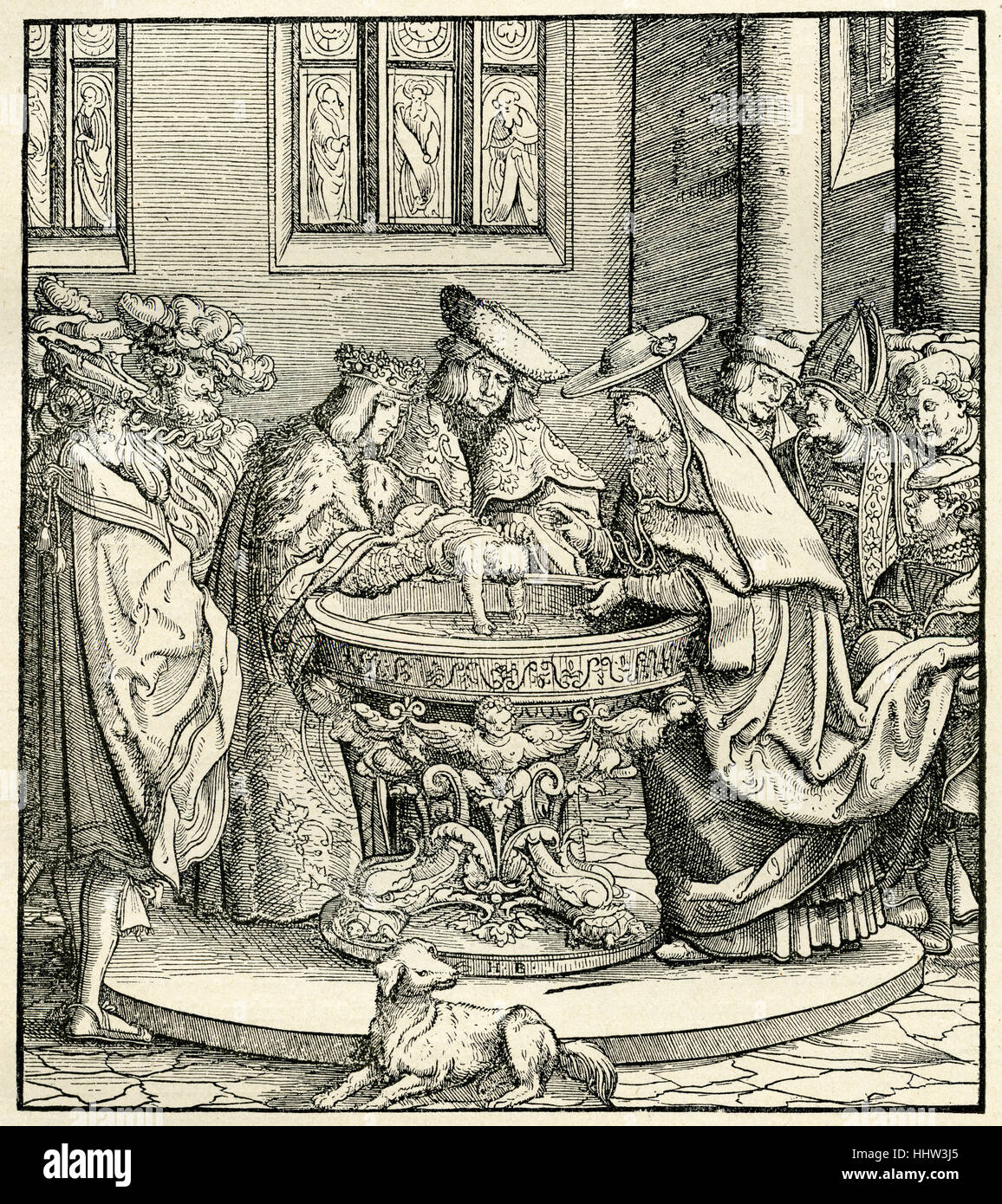 Christening / baptism of Maximilian I, Holy Roman Emperor (22 March 1459 – 12 January 1519). Woodcut illustration by Hans Stock Photo