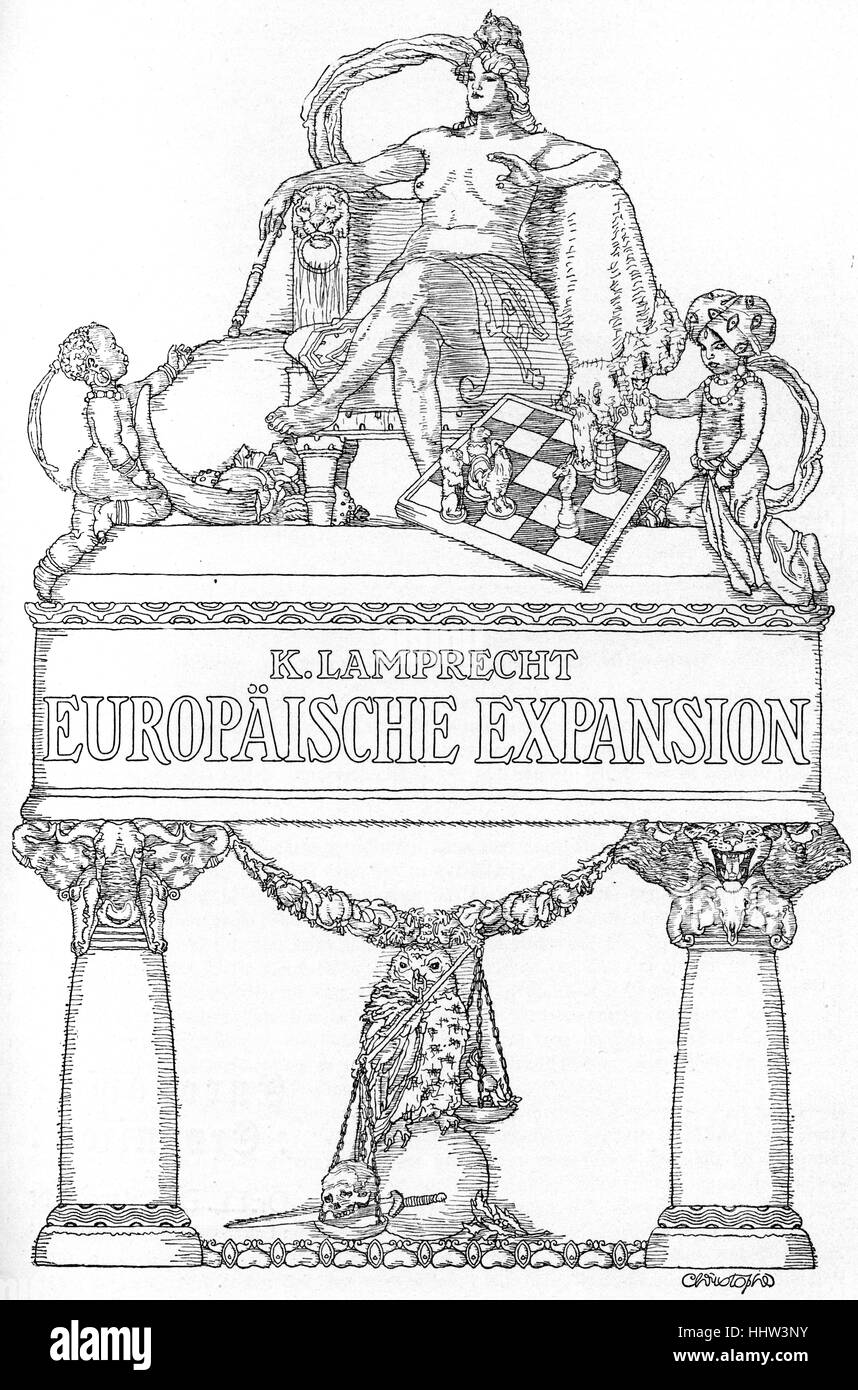 Allegorical cartoon of 'European Expansion' depicting Europa as an empress and Africa and India as children sitting at her feet Stock Photo