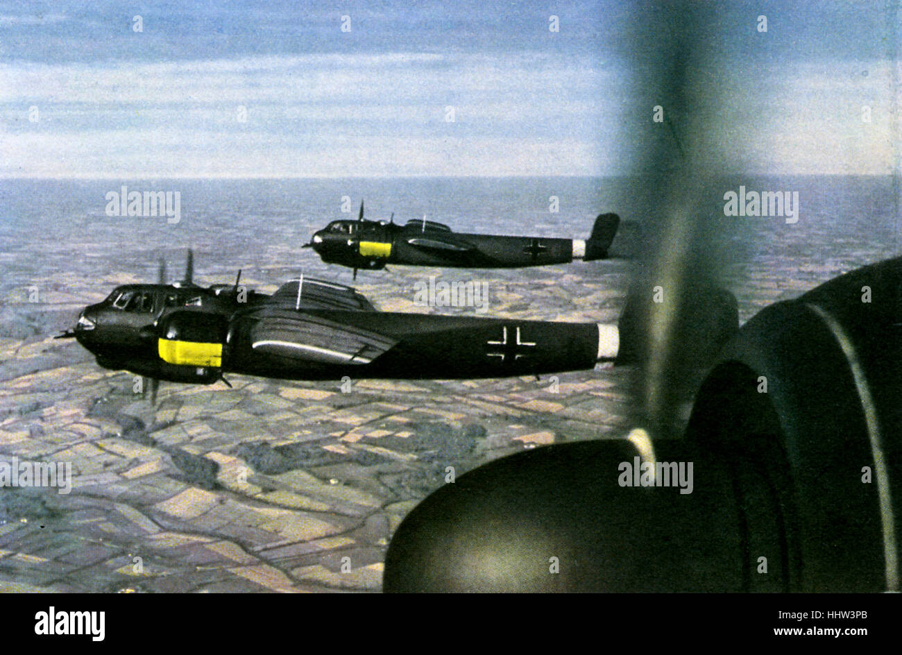 Bombing planes and stukas Do 217 in flight against the enemy. (Original caption in Spanish - Aviones de bombardeo y stukas Do Stock Photo