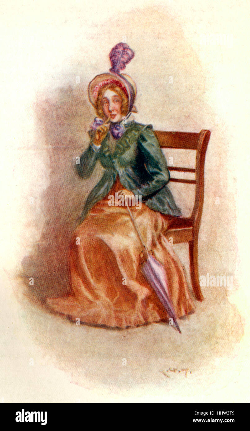 'Emma' by Jane Austen - portrait of Miss Bates. Chapter LII. Caption reads: ' 'But hush! Not a word, if you please' '. First Stock Photo