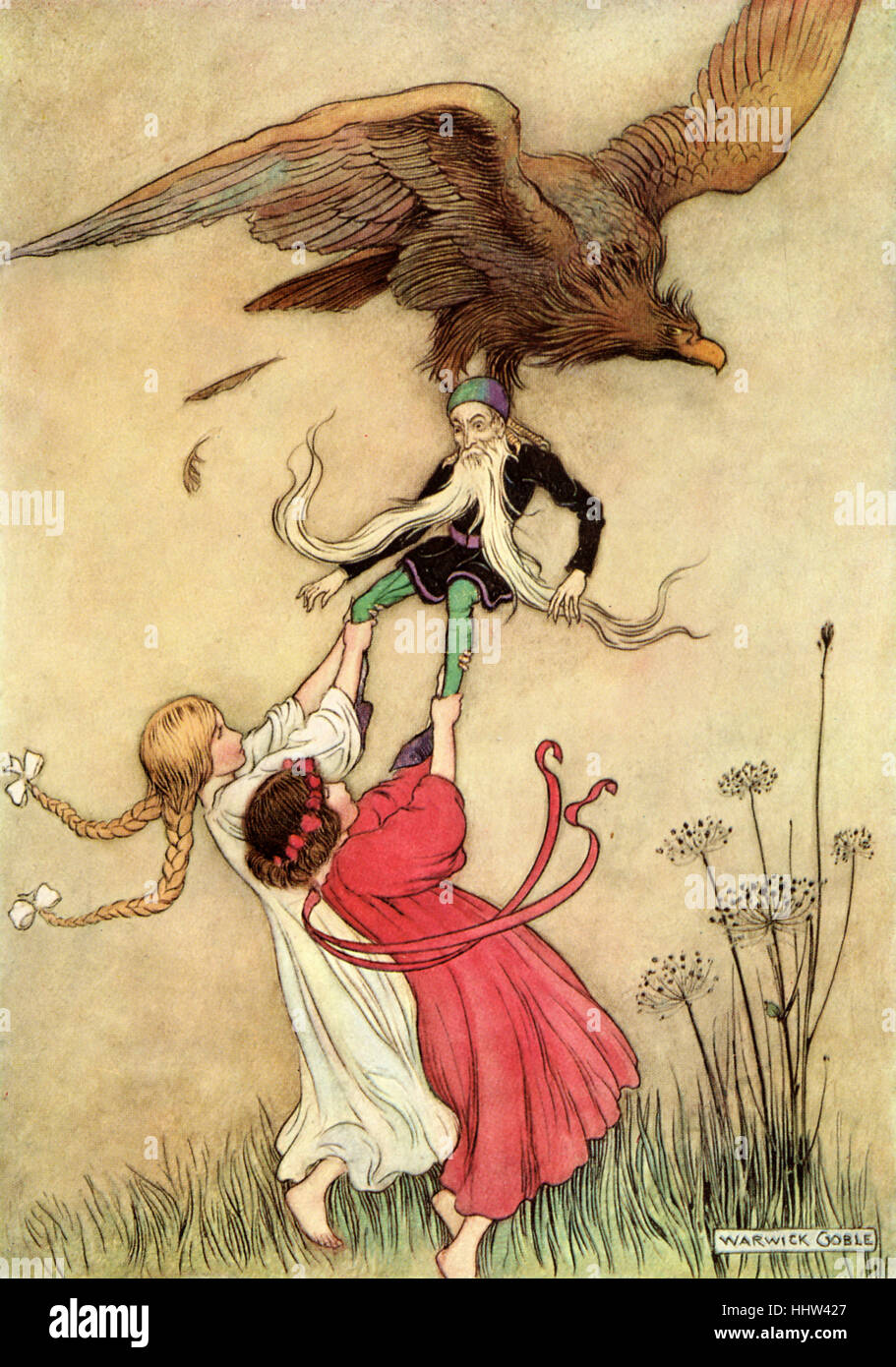 Snow White and Rose Red rescue the Ungrateful Dwarf from the clutches of an eagle. From 'The Fairy Book' by Dinah Maria Mulock Stock Photo