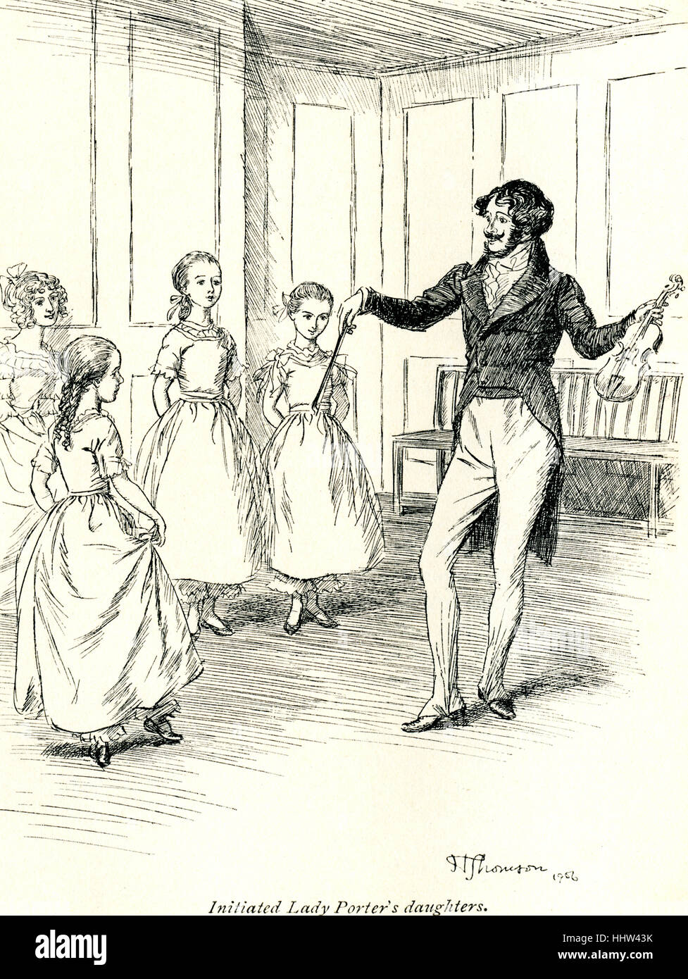 Scenes of Clerical Life by George Eliot.  Illustrations by Hugh Thomson. Caption reads: 'Initiated Ladt Porter's daughters' Stock Photo
