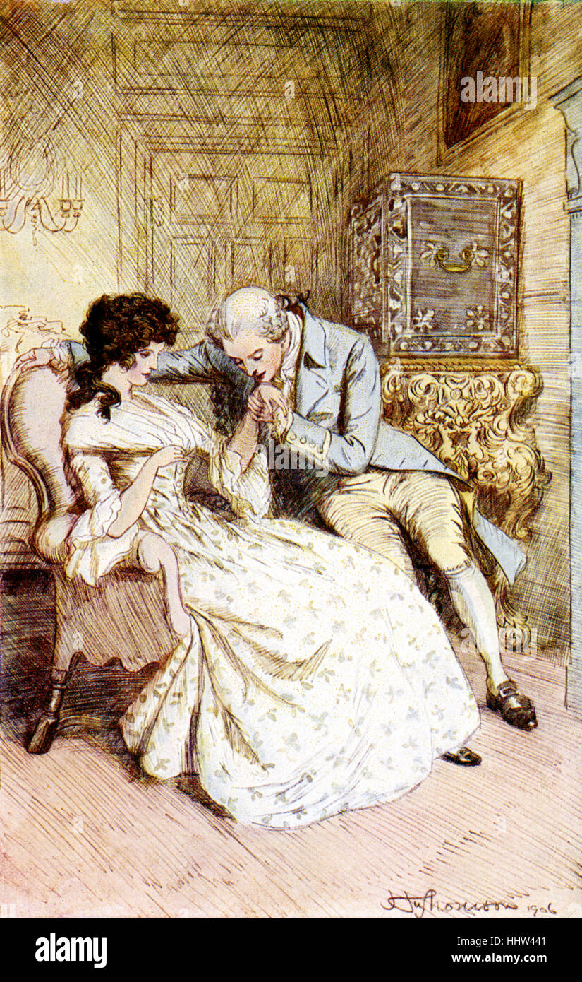 Scenes of Clerical Life by George Eliot.  Illustrations by Hugh Thomson. Caption reads: 'In the most lover-like position' Stock Photo