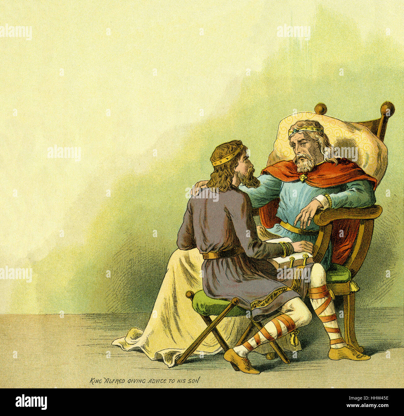 Alfred the Great  giving advice to his son and successor Edward the Elder. ( As King of Wessex defended his kingdom against the Stock Photo