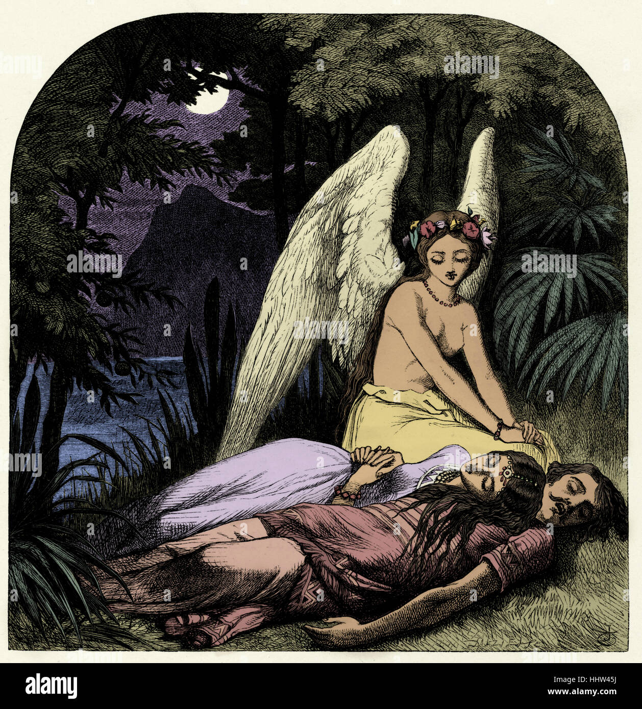 Paradise and the Peri - illustration from the book Lalla Rookh by Irish poet and writer Thomas Moore. An angel (Peri) sits Stock Photo