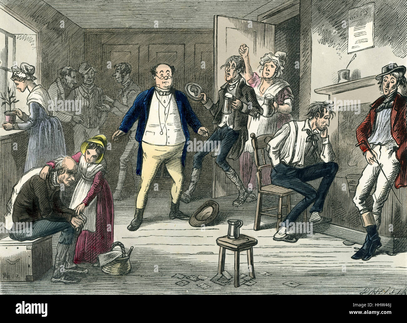 The Posthumous Papers of the Pickwick Club by Charles Dickens. Caption reads: 'Letting his hat fall on the floor, he stood Stock Photo