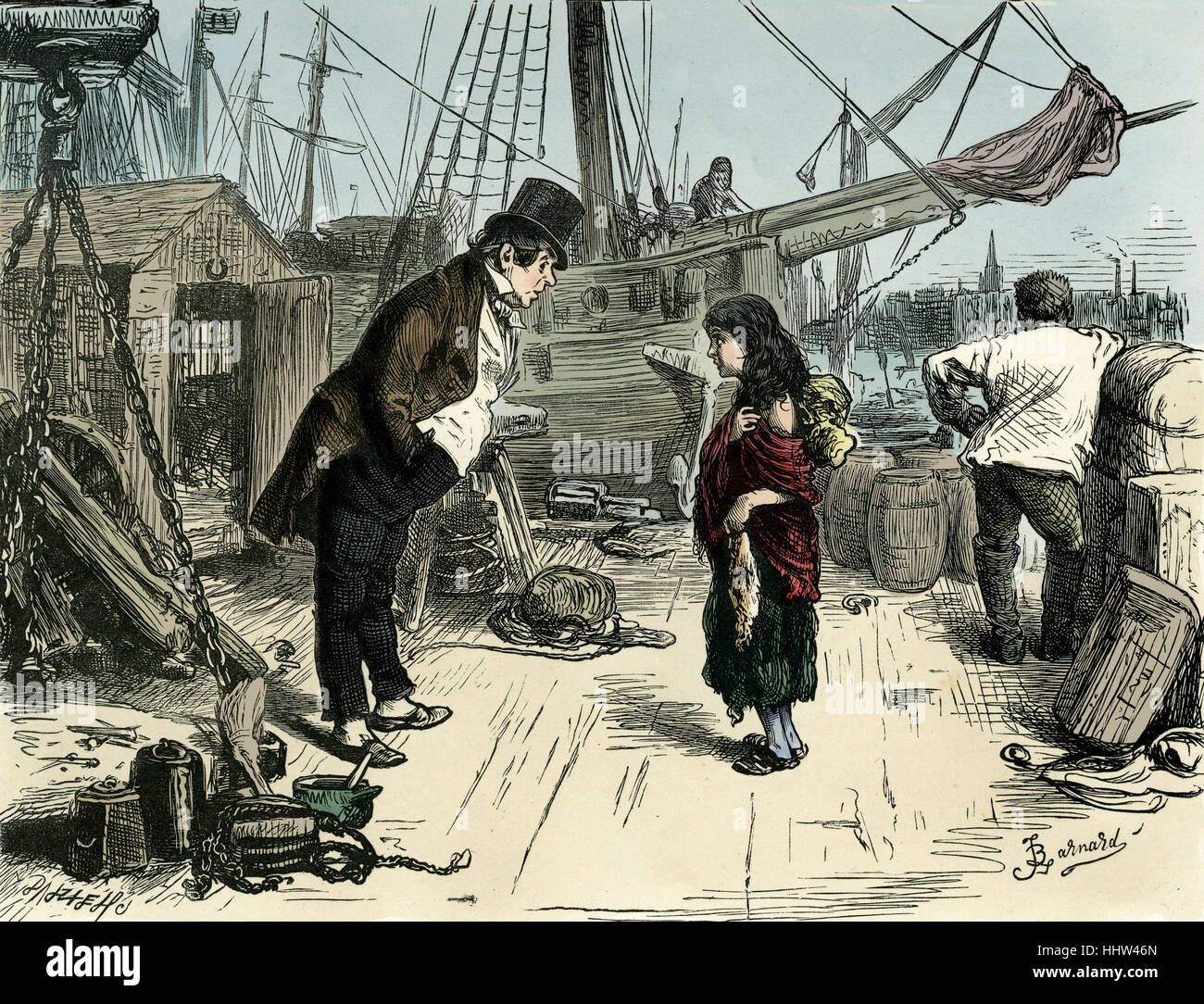 Dombey and Son by Charles Dickens. Caption reads: 'And looking attentively in her face, rejoined: “ Why, what can you want with Dombey and Son's?' 'To know the way there, if you please.' illustration by Fred Barnard . Stock Photo