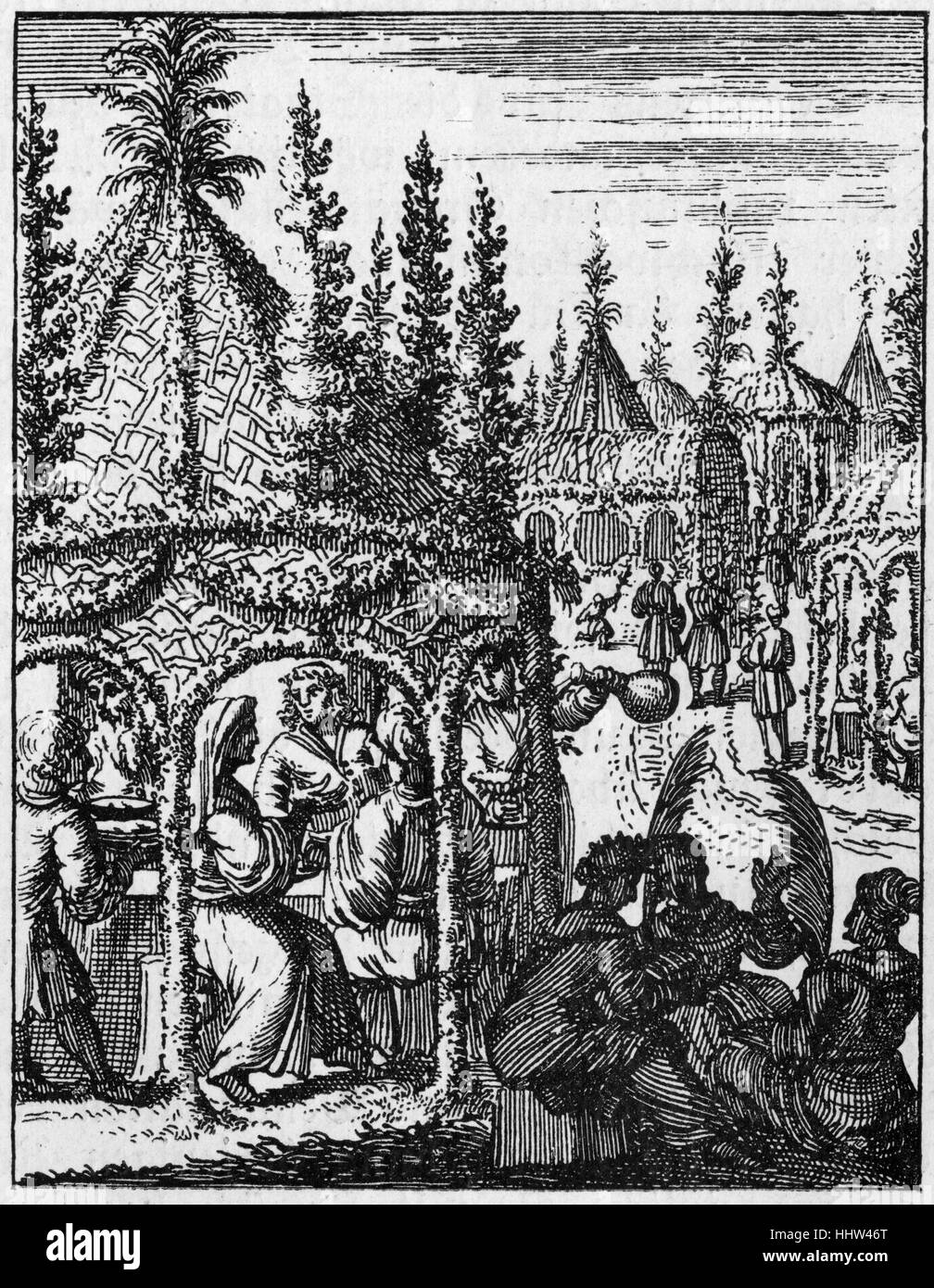 Festive meal in a sukka (temporary shelter) for the festival of Sukkot From book published in Utrecht, 1657 Stock Photo