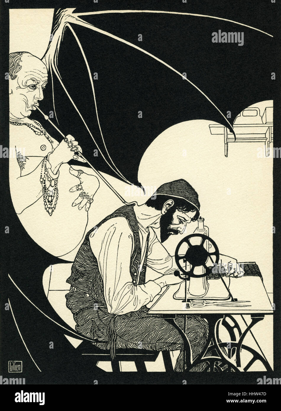 Ephraim Moses Lilien illustration for poem “An der Nähmaschine' (On the sewing machine) . Shows  Jewish worker    at sewing Stock Photo