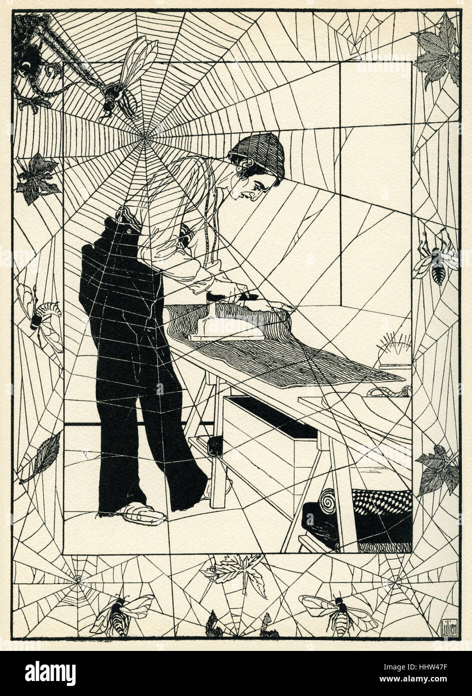 Ephraim Moses Lilien illustration for Poem 'Die Traine aud dem Eisen.  Visual metaphor of worker trapped in the spiders' web. Stock Photo