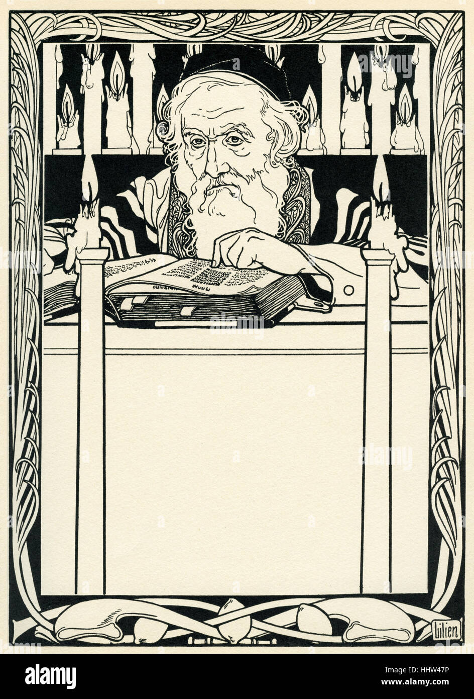 Ephraim Moses Lilien illustration of Lieder des Volkes. Shows elderly Jew studying holy texts.  b. 1874 (Galicia) – d.1925 Stock Photo