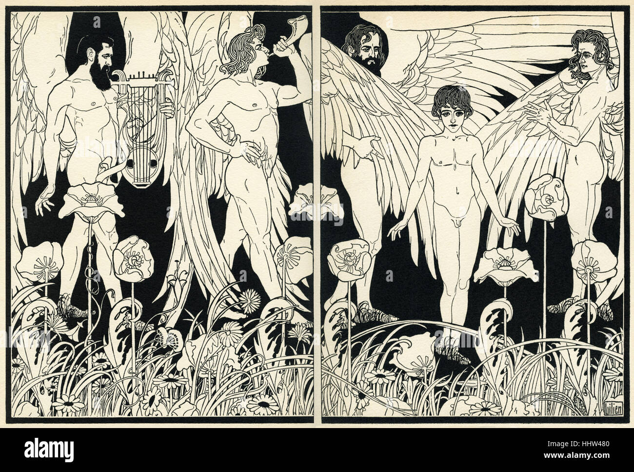Ephraim Moses Lilien illustrationfor Die Erschaffung des Menschen / The Creation of Man.  Shows angels surrounding Adam ( a Stock Photo