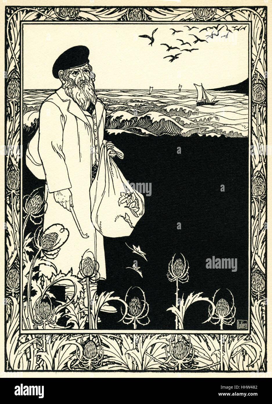 Ephraim Moses Lilien illustrationfor 'Elul Melodien' (the month before the new year). Old Jewish man is picking up leaves.  b. Stock Photo
