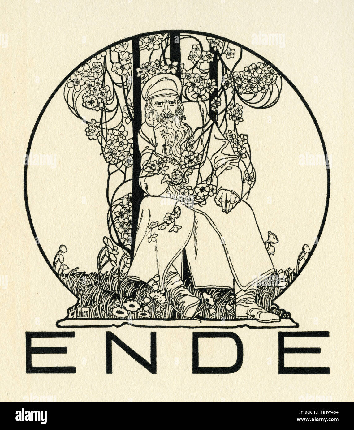 Ephraim Moses Lilien illustration shows the final illustration 'Ende'.  b. 1874 (Galicia) – d.1925 (Germany).   (translated Stock Photo