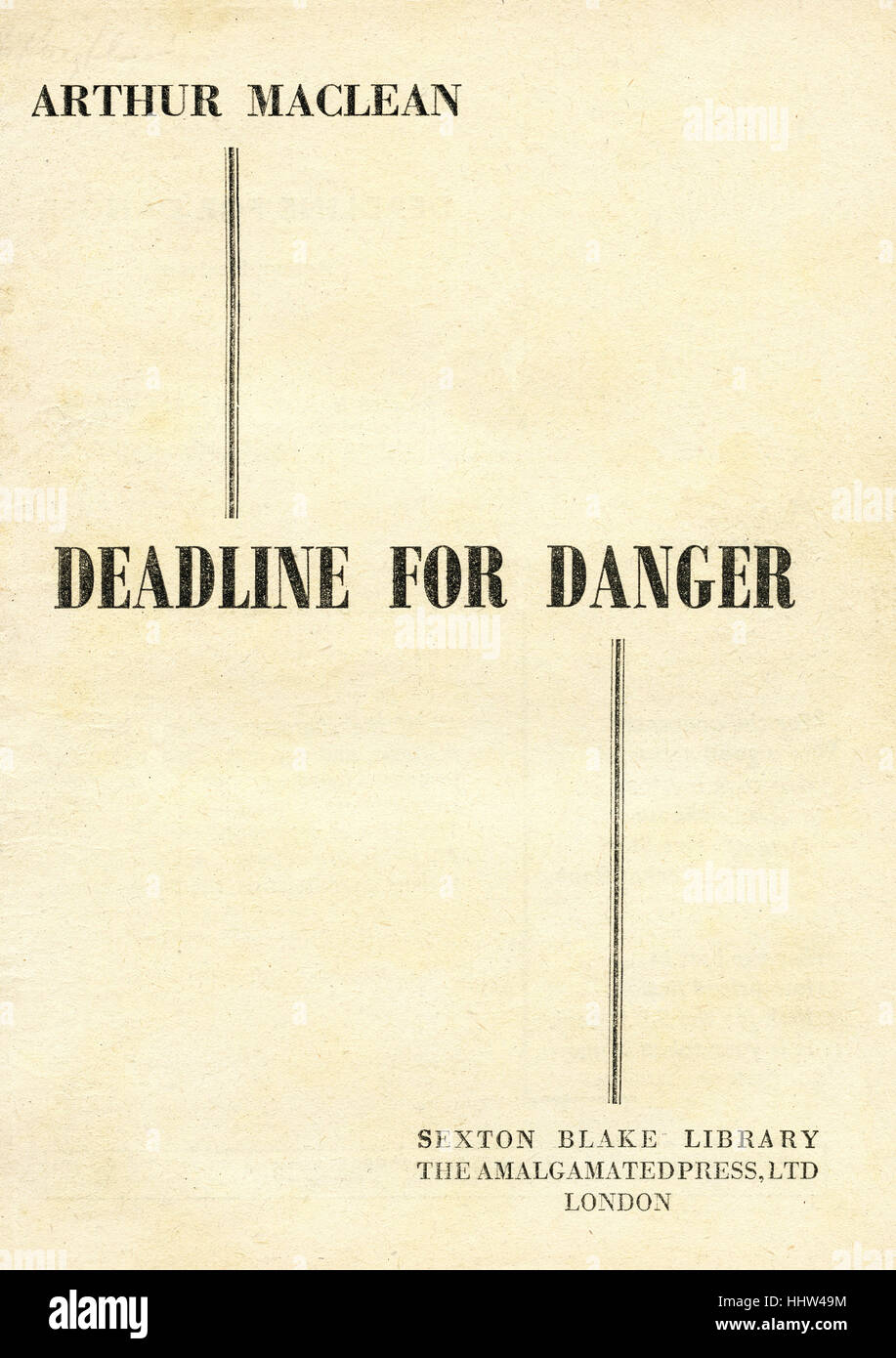 Deadline for danger - pulp novella byArthur Maclean. Front cover. Caption: 'An accidental meeting led Blake on a strang Stock Photo
