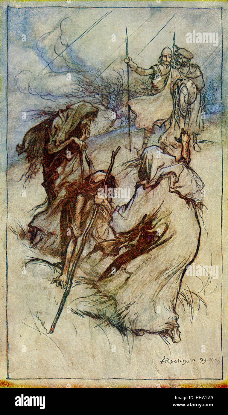 Macbeth by William Shakespeare.  Illustration by Arthur Rackham (1867 - 1939) . 'They were stopped by the strange appearance of Stock Photo