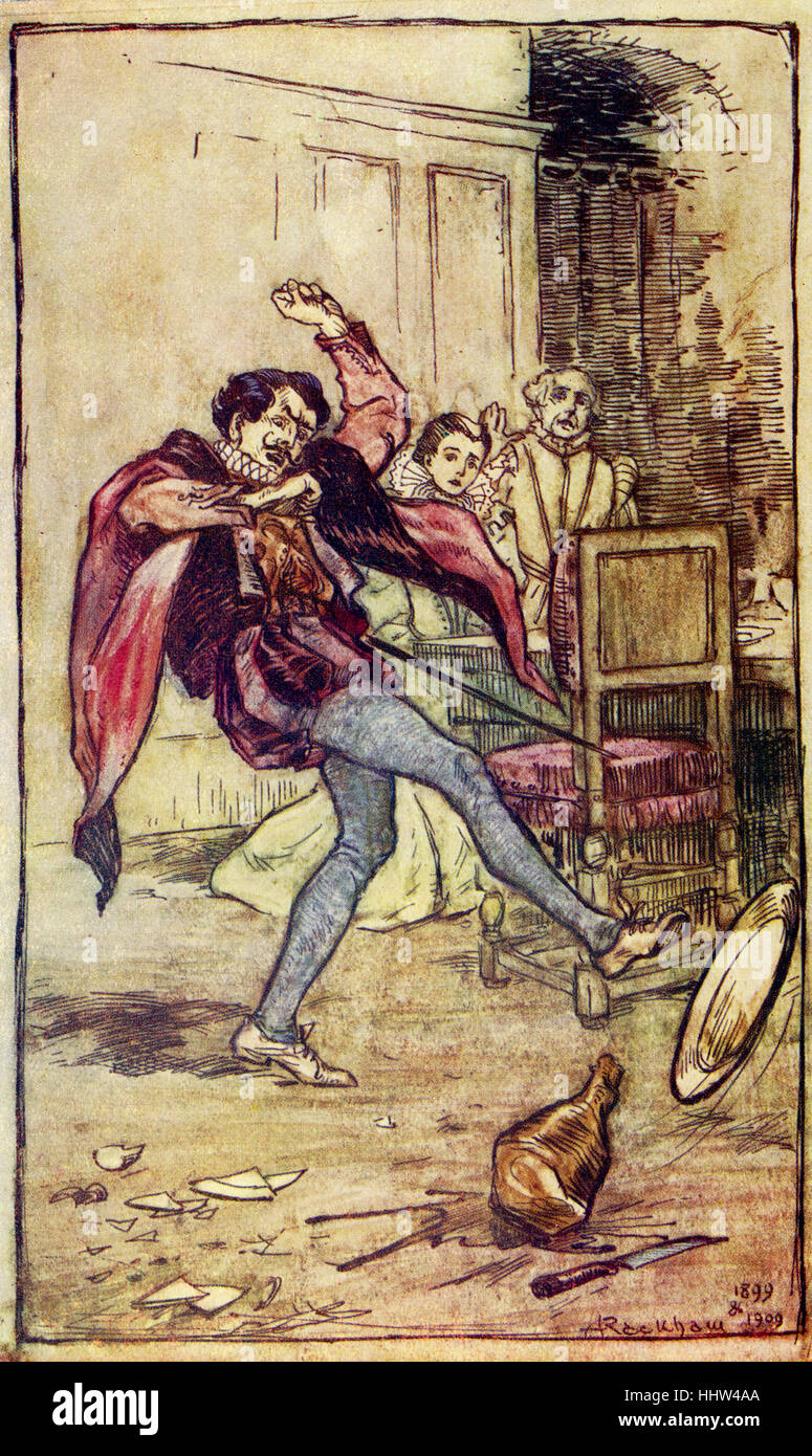 The Taming of the Shrew by William Shakespeare.  Illustration by Arthur Rackham (1867 - 1939) .  'Petruchio, pretending to find Stock Photo