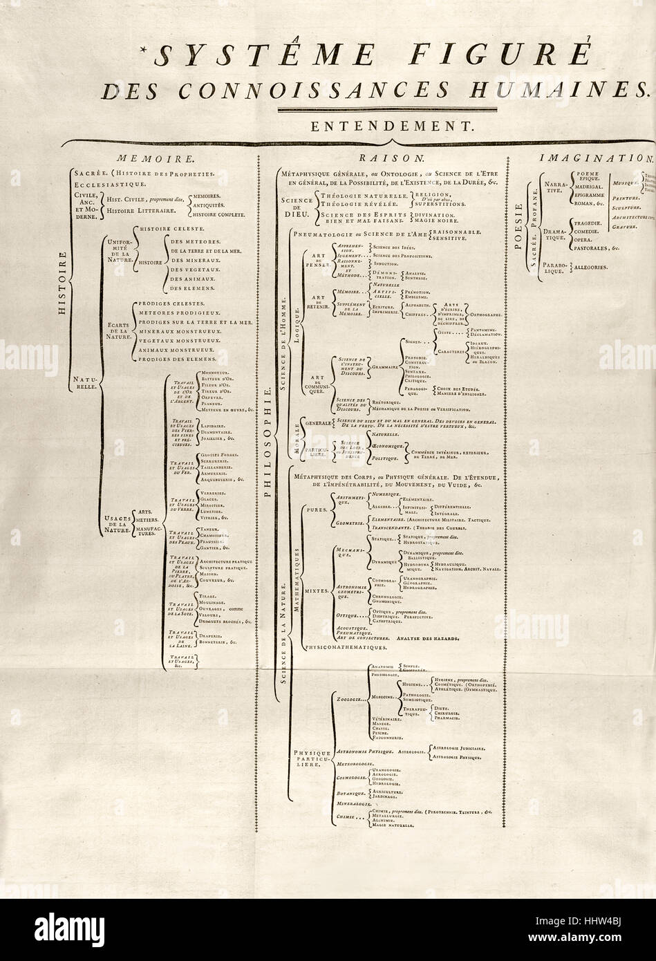 ‘Figurative system of human knowledge’ fold out from ‘Encyclopédie ou Dictionnaire Raisonné des Sciences, des Arts et des Métiers’ (Encyclopaedia, or a Systematic Dictionary of the Sciences, Arts, and Crafts) 1751 Book 1 edited by Denis Diderot and Jean le Rond d'Alembert. The three main branches representing the structure of knowledge are ‘Memory’, ‘Reason’ and ‘Imagination’. Stock Photo