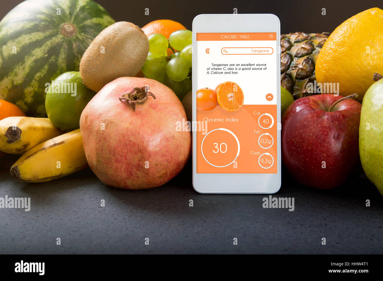 Smartphone with app showing the glycemic index. Concept of app for healthcare Stock Photo