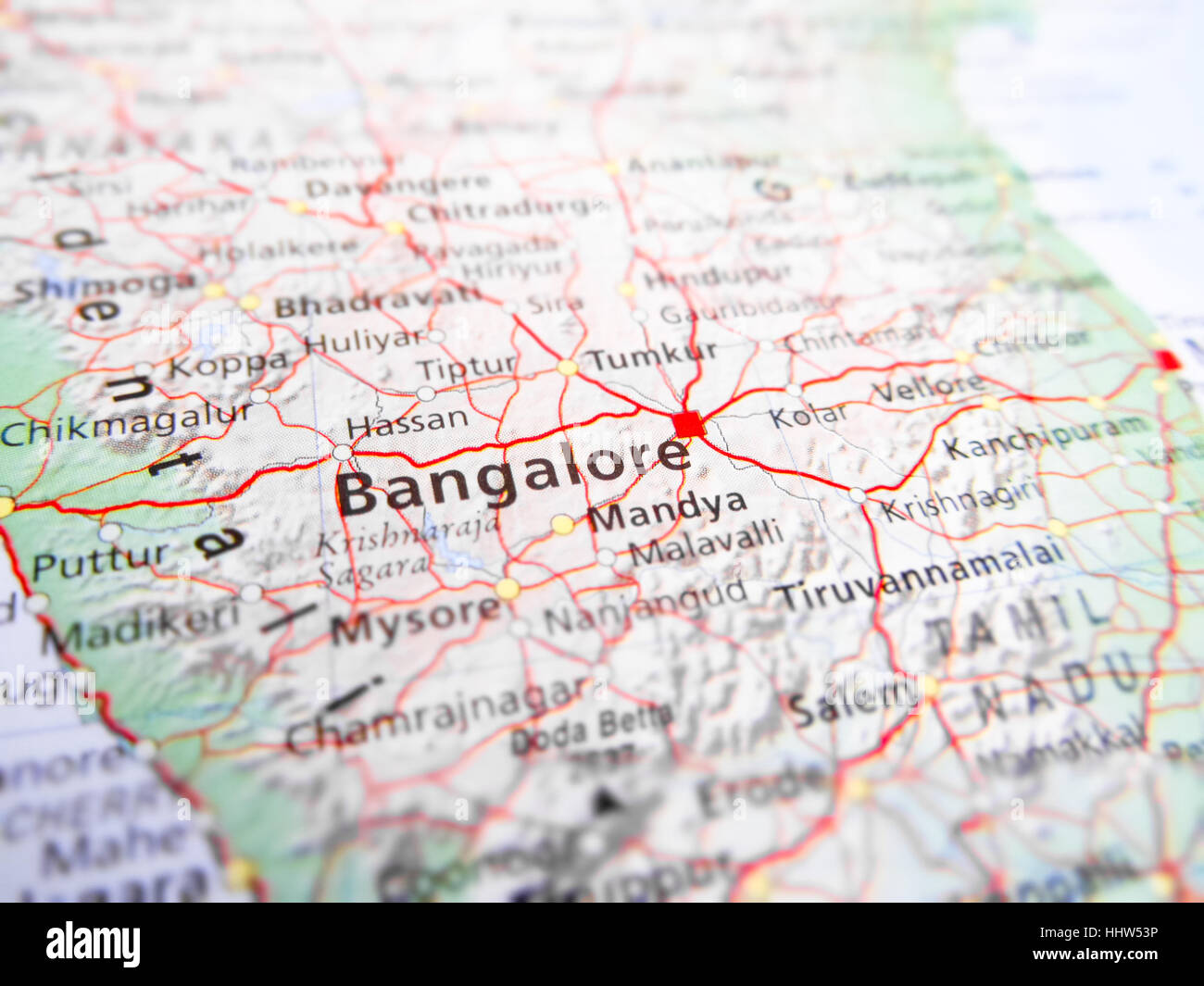 Bangalore city over a road map (India) Stock Photo