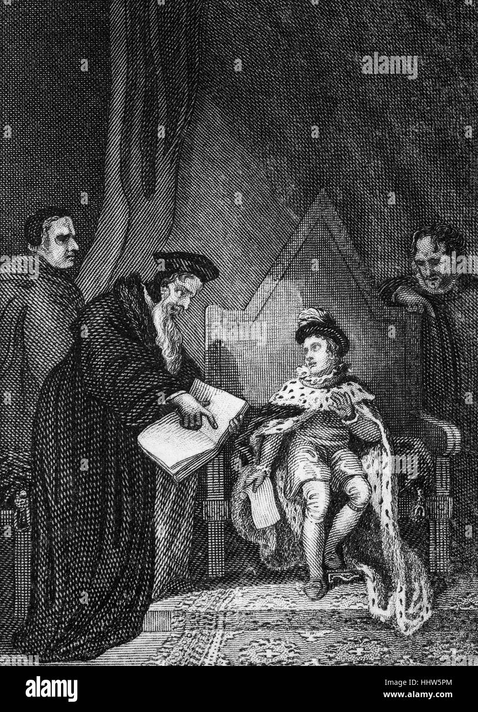 Thomas Cranmer (1489 – 1556), leader of the English Reformation and Archbishop of Canterbury persuading Edward VI (1537 – 1553) to sign the death warrant of Joan Bocher, an English Anabaptist. She was burned at the stake for heresy on the 2 May 1550 in Smithfield, London, England Stock Photo
