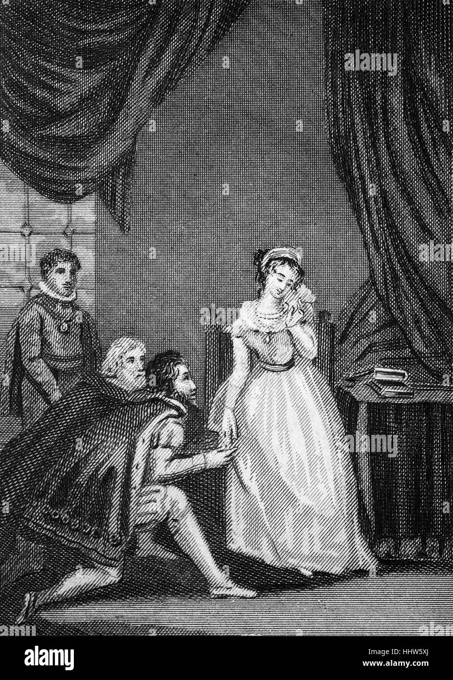 Lady Jane Grey declining the crown following the death of the 15-year-old King Edward VI in 1553. Edward's Catholic half-sister Mary was  heir presumptive, however, Edward, restricted the succession to (non-existent) male descendants and named his Protestant cousin Jane Grey as his successor. Stock Photo