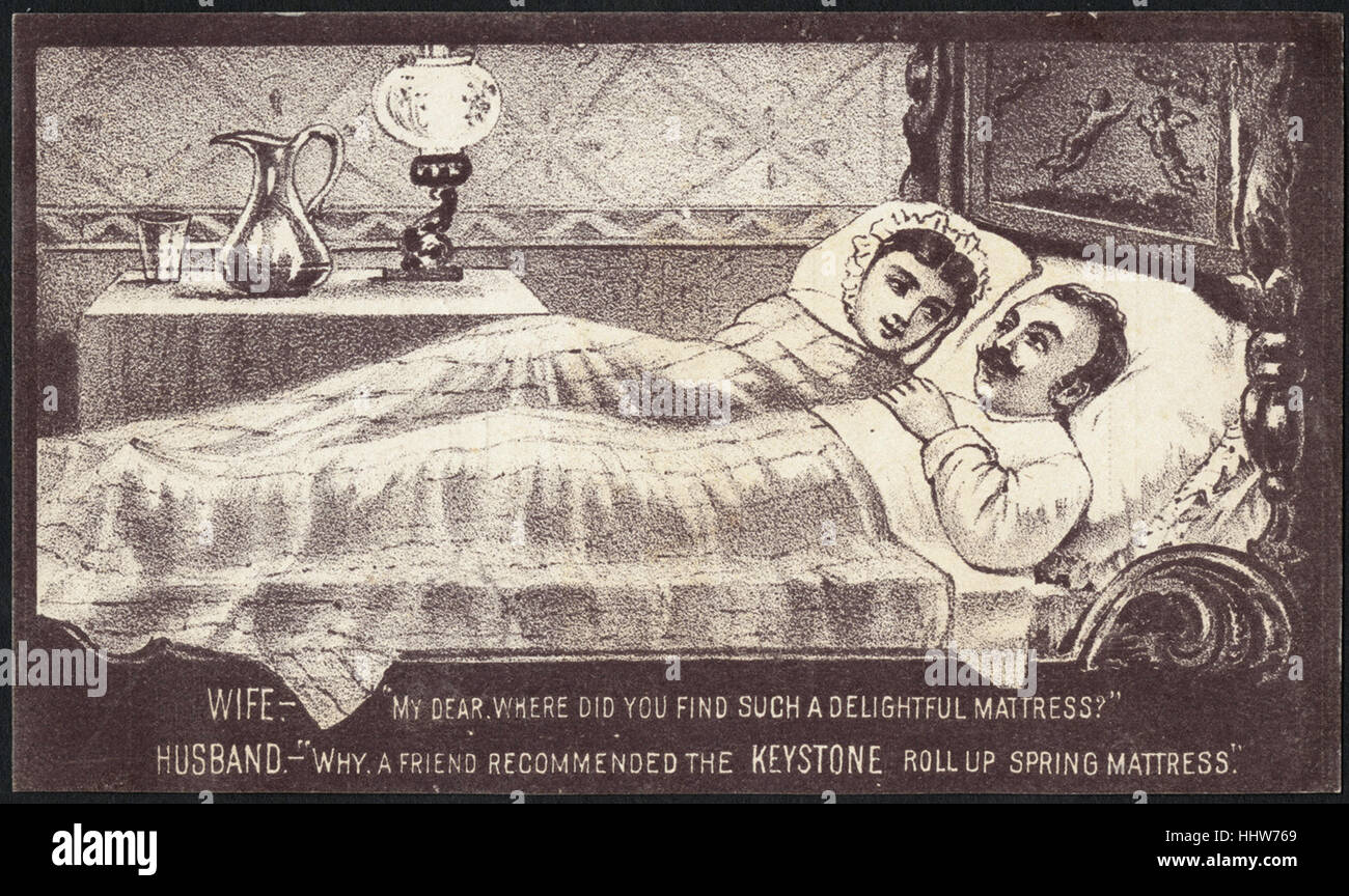 Wife. - 'My dear, where did you find such a delightful mattress ' Husband. - 'Why, a friend recommended the Keystone roll up spring mattress.' (front)  - Home Furnishings Trade Cards Stock Photo