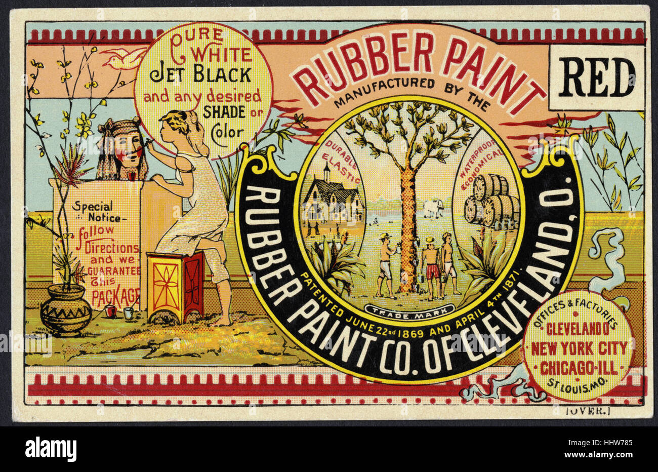 Rubber paint manufactured by the Rubber Paint Co. of Cleveland, O. Pure white, jet black and any desired shade or color. (front)  - Home Furnishings Trade Cards Stock Photo