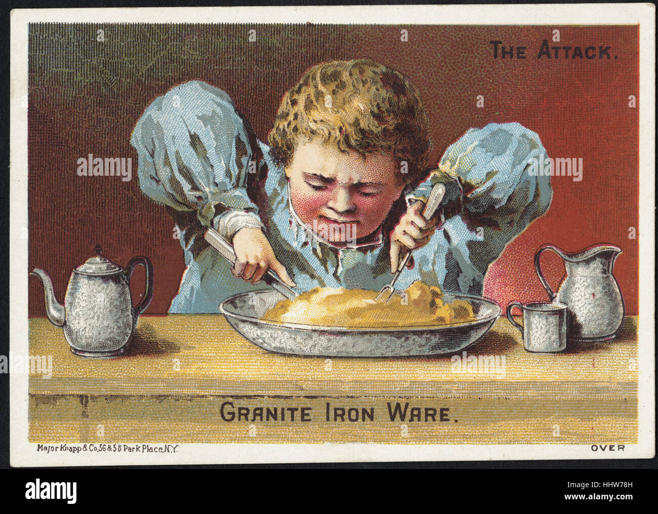 The attack. Granite iron ware. (front)  - Home Furnishings Trade Cards Stock Photo
