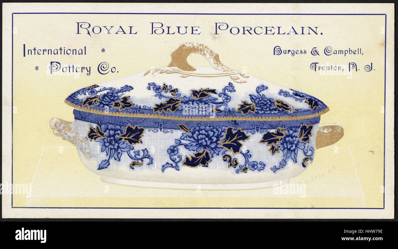Royal blue porcelain. International Pottery Co. Burgess & Campbell, Trenton, N. J. (front)  - Home Furnishings Trade Cards Stock Photo
