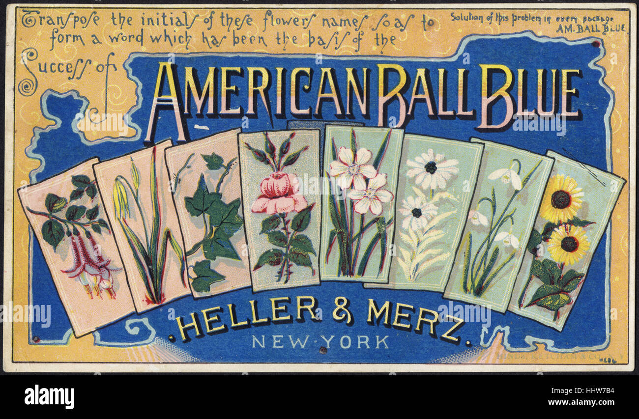 Transpose the initials of these flowers names so as to form a word which has been the basis of he success of American Ball Blue [front]  - Laundry Trade Cards Stock Photo