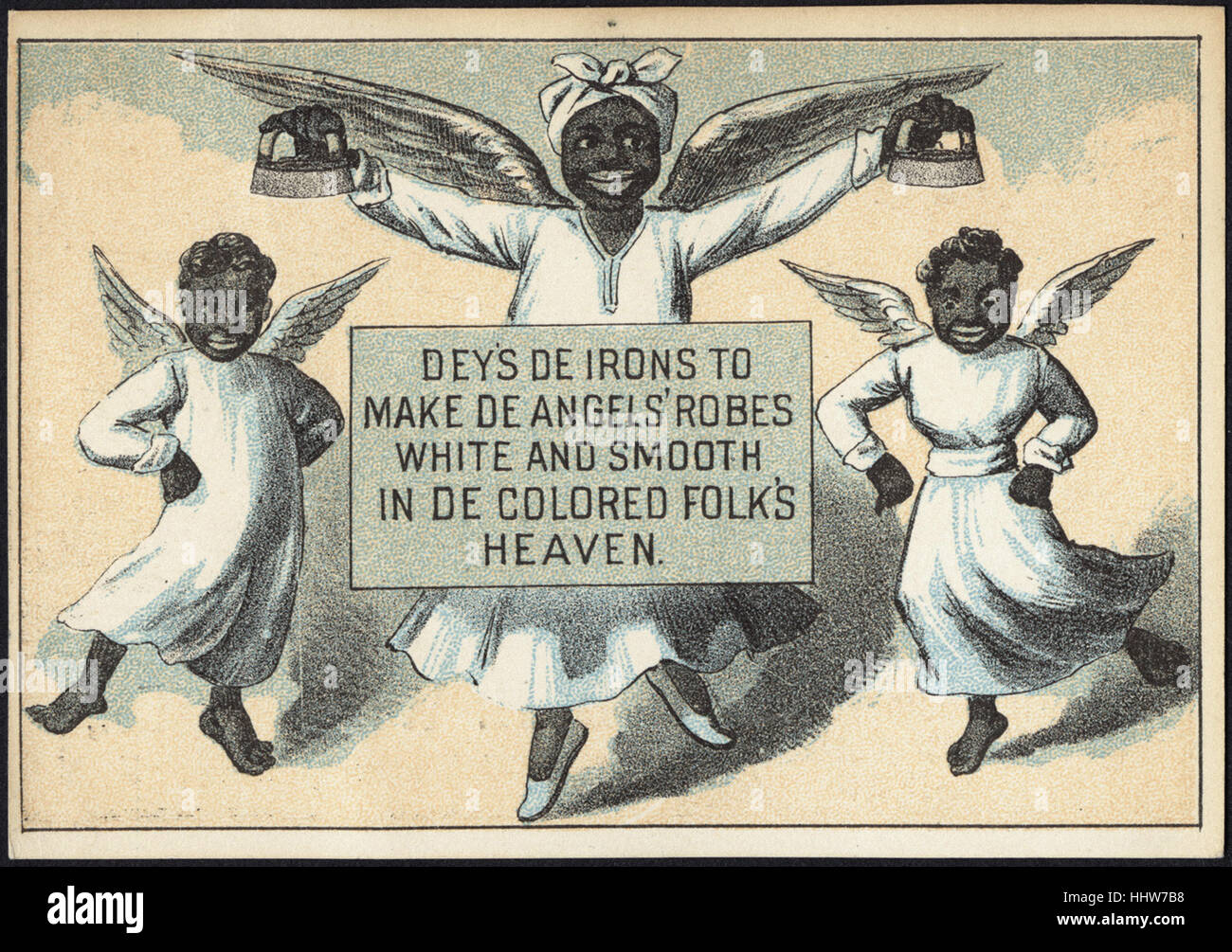 Deys de irons to make de angels' robes white and smooth in de colored folk's heaven. [front]  - Laundry Trade Cards Stock Photo