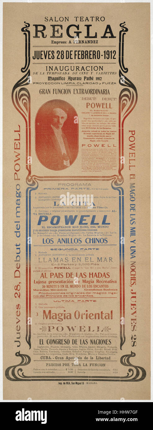 Salon Teatro Regla   Jueves 28, debut del mago Powell. Powell el mago de las mil y una noches, Jueves 28  - Magic Posters Stock Photo