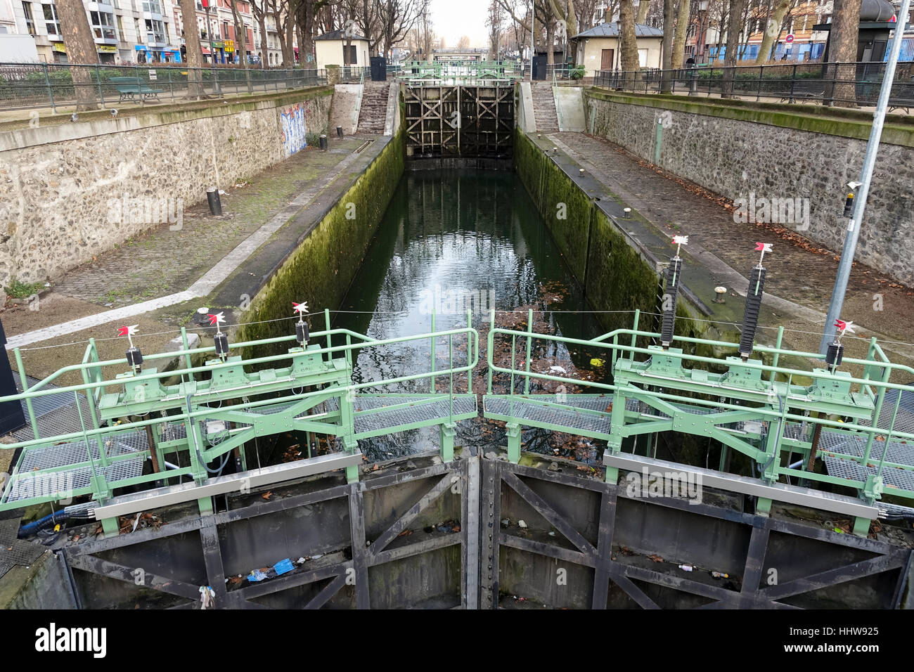 The locks of the Récollets at Canal Saint-Martin in Paris. France. Stock Photo