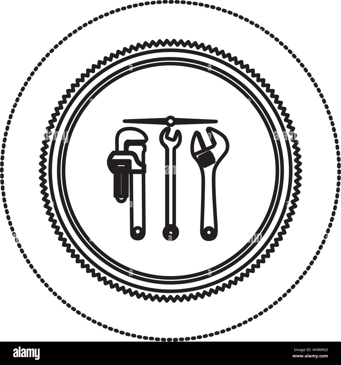 monochrome silhouette sticker with circular frame with wrenches vector ...