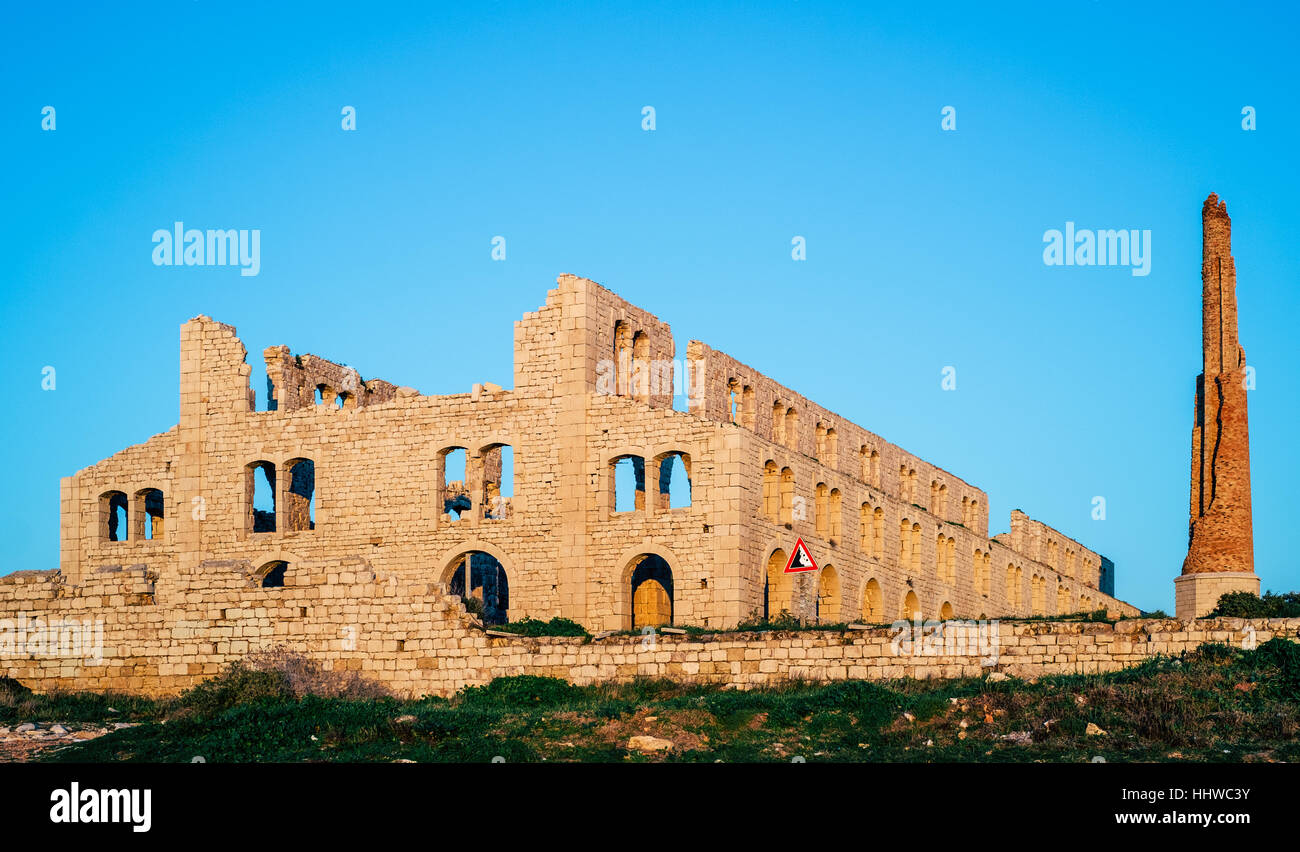 Ruins of an old brick factory. Destroyed industrial plant in Sampieri (Ragusa) Sicily, Italy, Europe Stock Photo