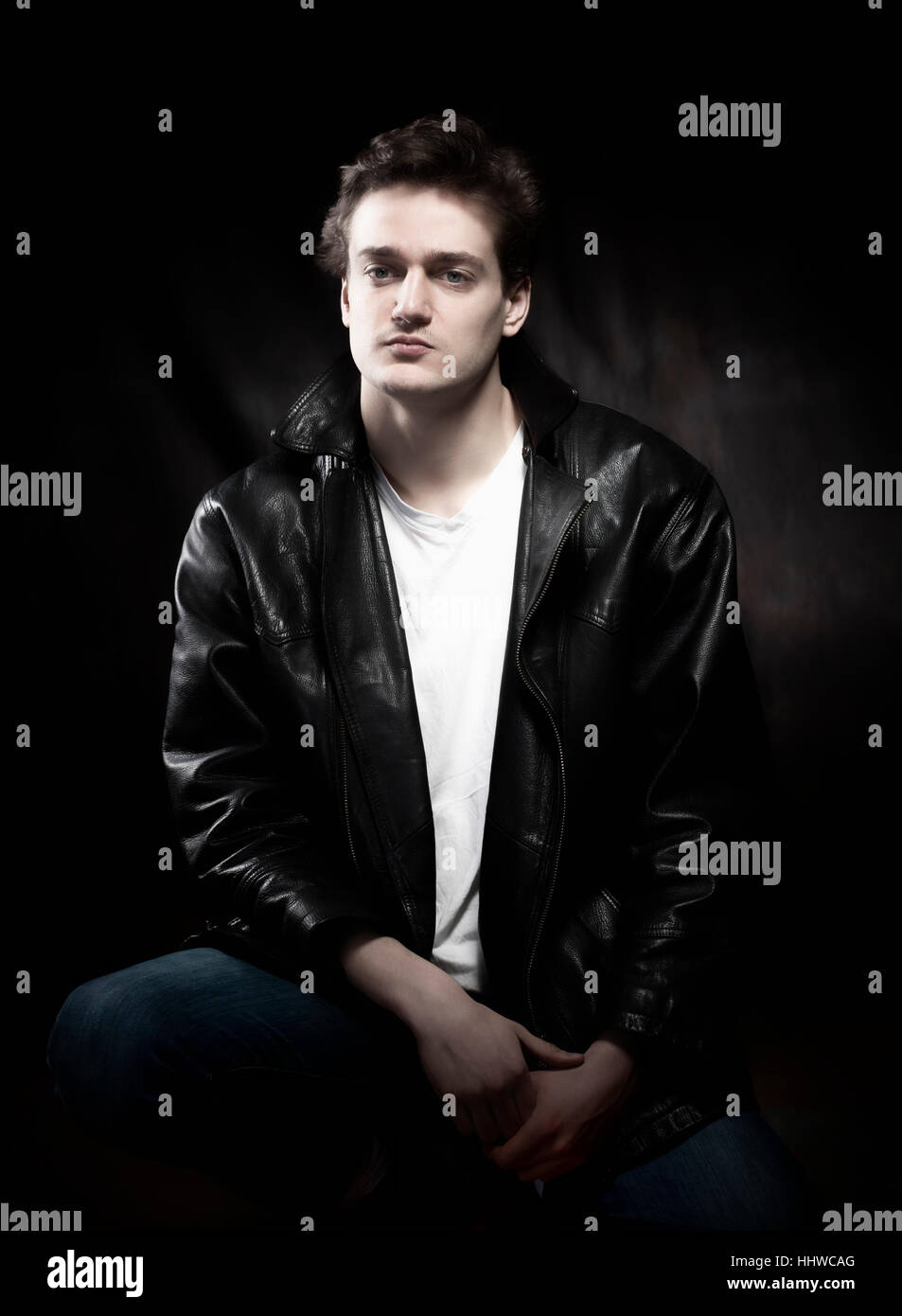 Portrait of a Young Man in Leather Jacket. Stock Photo