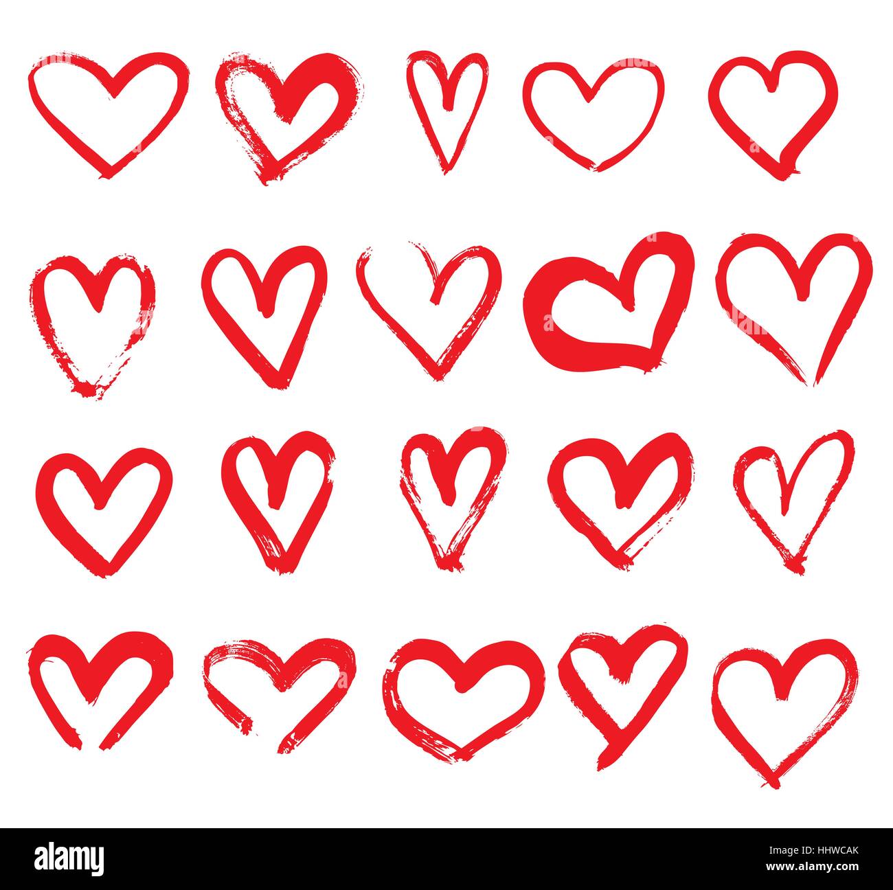Set of Hand Drawn Hearts. Red Color. Vector Illustration. Stock Vector