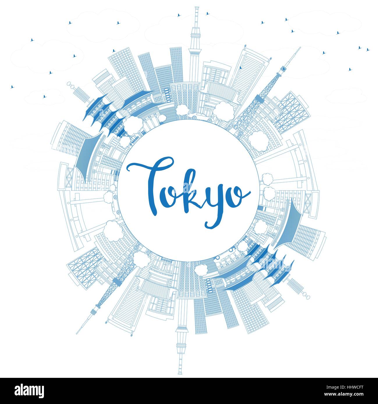 Outline Tokyo Skyline with Blue Buildings and Copy Space. Vector Illustration. Business Travel and Tourism Concept with Modern Architecture. Stock Vector