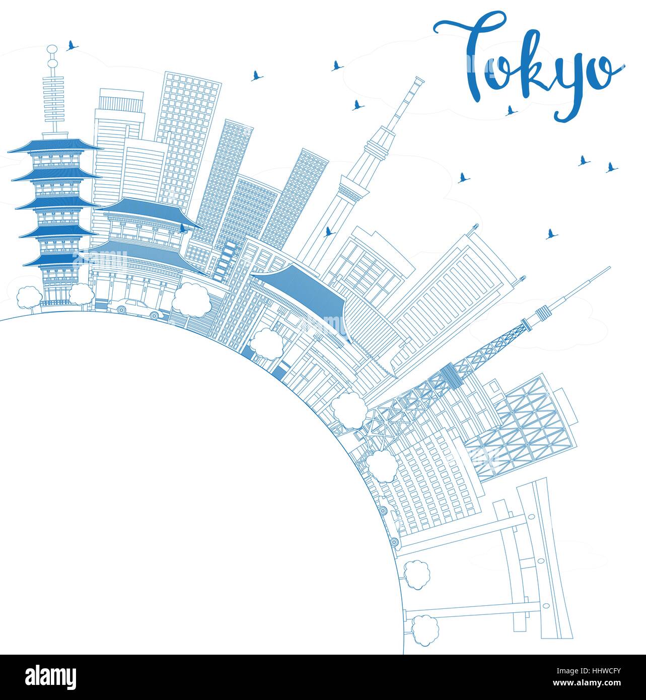 Outline Tokyo Skyline with Blue Buildings and Copy Space. Vector Illustration. Business Travel and Tourism Concept with Modern Architecture. Stock Vector