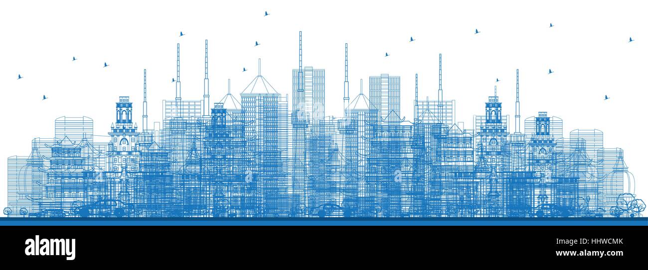Outline City Skyscrapers and Buildings in Blue Color. Vector Illustration. Business Travel and Tourism Concept. Image for Presentation, Banner, Placar Stock Vector