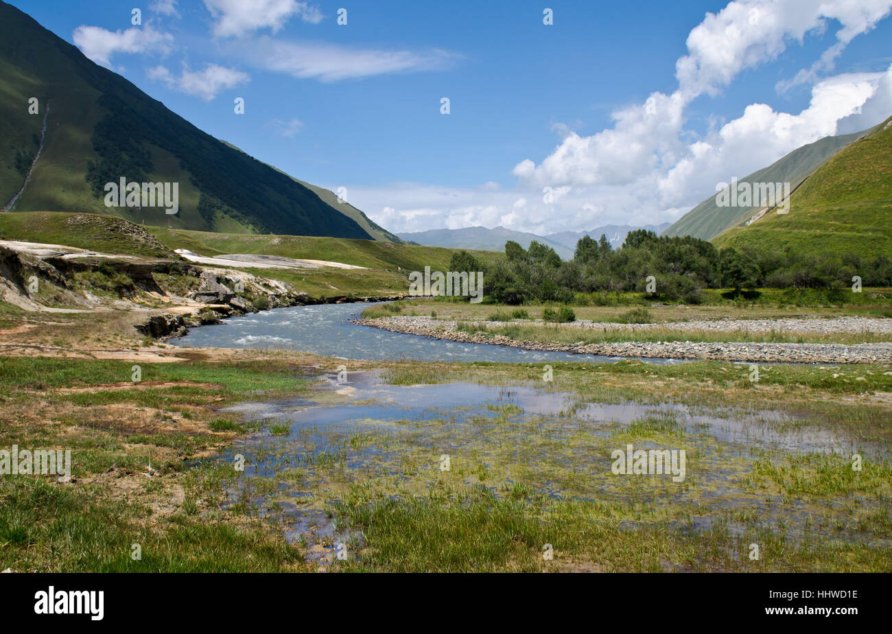 georgia, lime, sediments, river, water, blue, hill, mountains, green, asia, Stock Photo