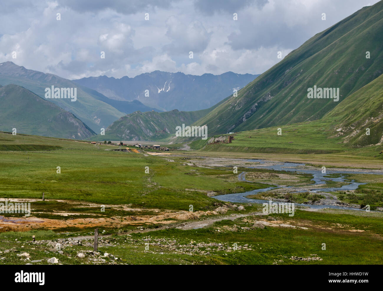 mountains, georgia, river, water, blue, mountains, green, asia, distance, Stock Photo
