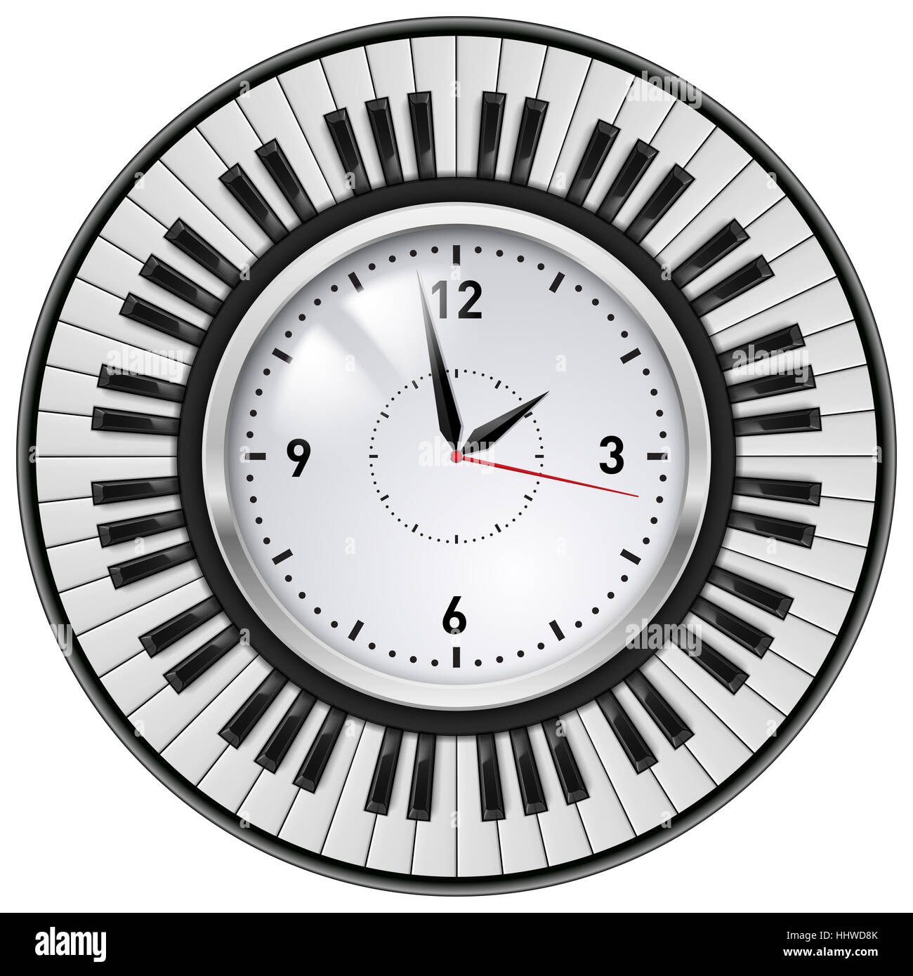 Realistic Office Clock and Piano keys. Illustration on white background