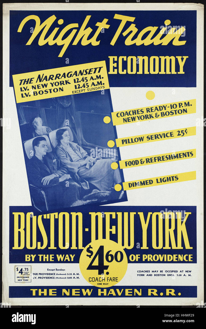 Night train economy. Boston - New York by way of Providence  - Vintage travel poster 1920s-1940s Stock Photo