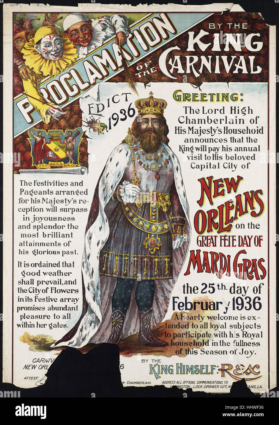 Proclamation by the King of the Carnival  - Vintage travel poster 1920s-1940s Stock Photo