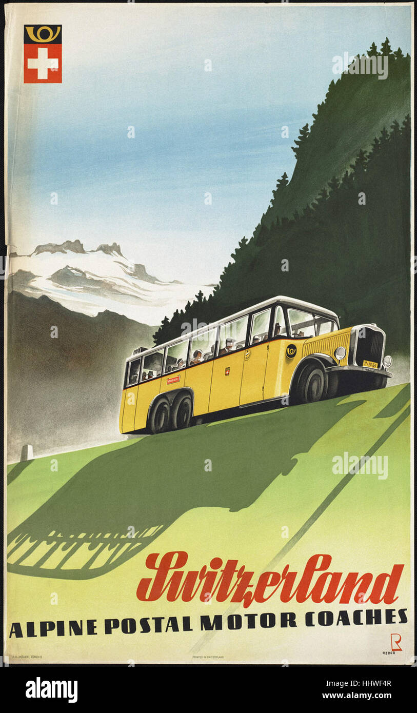 Switzerland. Alpine postal motor coaches  - Vintage travel poster 1920s-1940s Stock Photo
