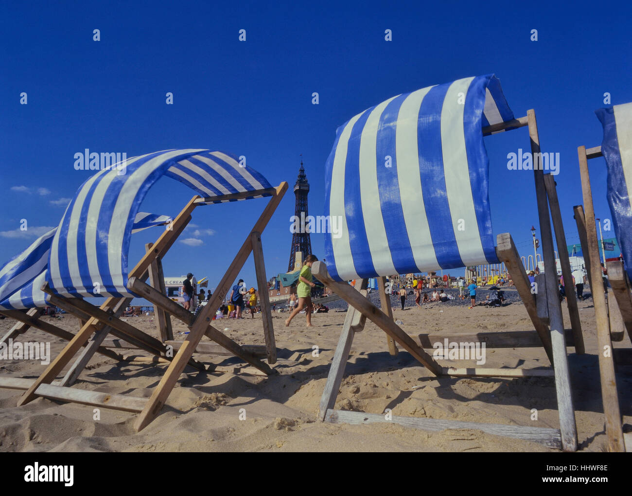 Deck chairs on Blackpool beach. Lancashire. England. UK Stock Photo Alamy