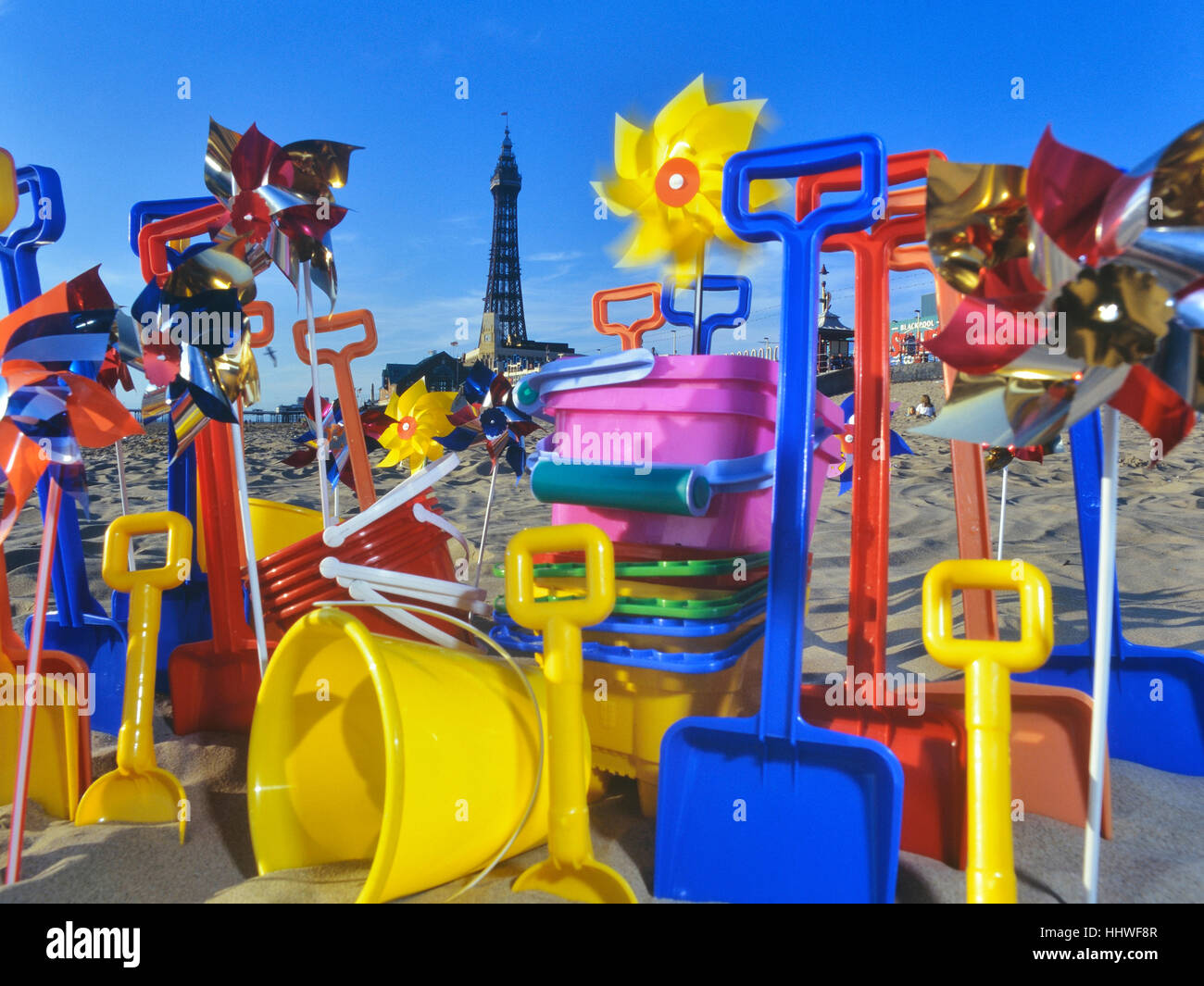 Seaside bucket and spades on Blackpool beach. Lancashire. England. UK