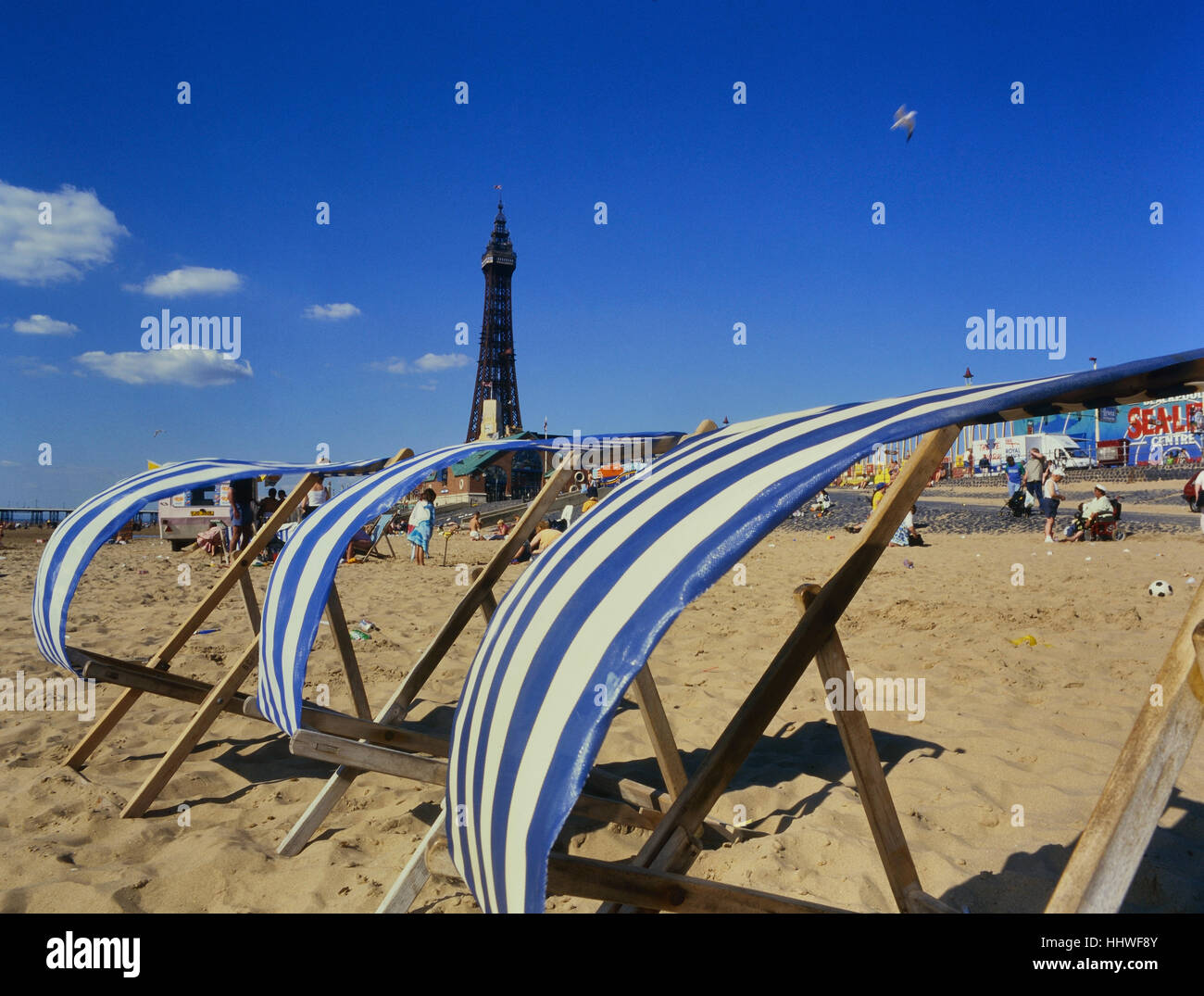 Deck chairs on Blackpool beach. Lancashire. England. UK Stock Photo Alamy